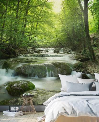green customisable forest wallpaper mural called Enchanting Forest Waterfall for homes and offices. green customisable forest wallpaper mural called Enchanting Forest Waterfall for homes and offices.