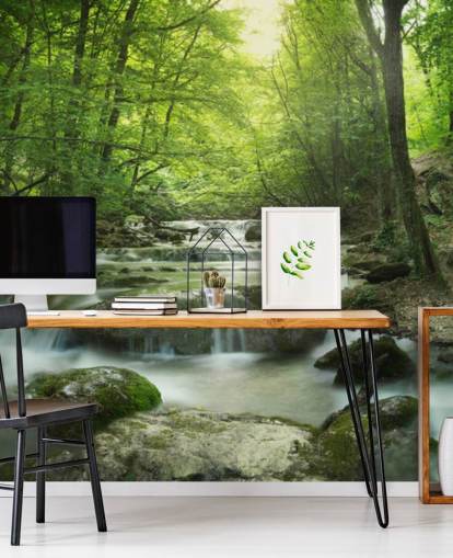 green customisable forest wallpaper mural called Enchanting Forest Waterfall for homes and offices. green customisable forest wallpaper mural called Enchanting Forest Waterfall for homes and offices.