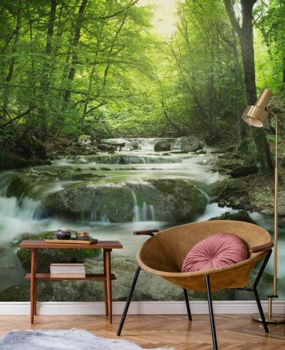 mural verde personalizável de papel de parede florestal chamado Enchanting Forest Waterfall para residências e escritórios. mural verde personalizável de papel de parede florestal chamado Enchanting Forest Waterfall para residências e escritórios.