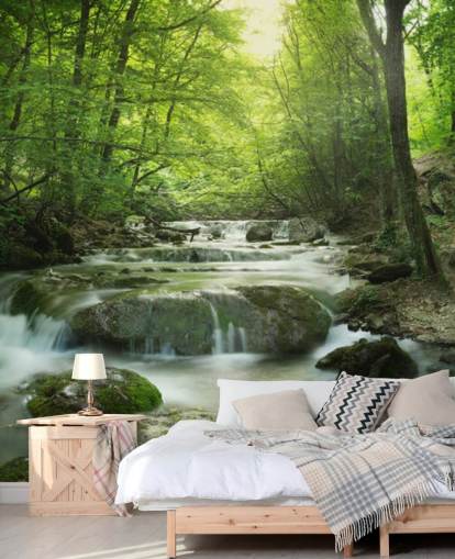 green customisable forest wallpaper mural called Enchanting Forest Waterfall for homes and offices. green customisable forest wallpaper mural called Enchanting Forest Waterfall for homes and offices.
