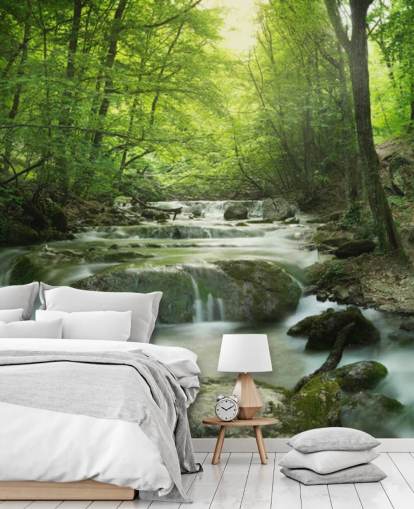 carta da parati murale verde personalizzabile con foresta chiamata Enchanting Forest Waterfall per case e uffici. carta da parati murale verde personalizzabile con foresta chiamata Enchanting Forest Waterfall per case e uffici.