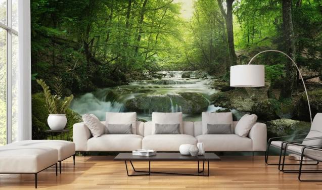 grønt tilpasseligt skovtapet vægmaleri kaldet Enchanting Forest Waterfall til hjem og kontorer.