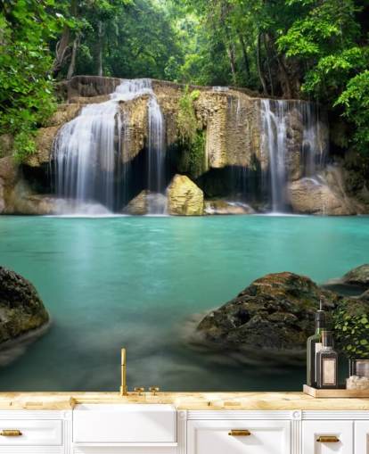 mural de papel de parede de cachoeira tropical chamado Waterfall em Kanchanaburi, Tailândia, para escritórios domésticos, spas e estúdios de ioga mural de papel de parede de cachoeira tropical chamado Waterfall em Kanchanaburi, Tailândia, para escritórios domésticos, spas e estúdios de ioga