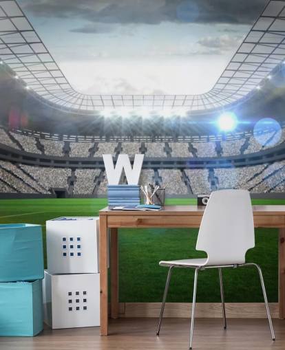 mural de papel pintado de estadio de fútbol personalizable verde y gris llamado Gran estadio de fútbol con luces para dormitorio de adolescentes y dormitorios de niños mural de papel pintado de estadio de fútbol personalizable verde y gris llamado Gran estadio de fútbol con luces para dormitorio de adolescentes y dormitorios de niños
