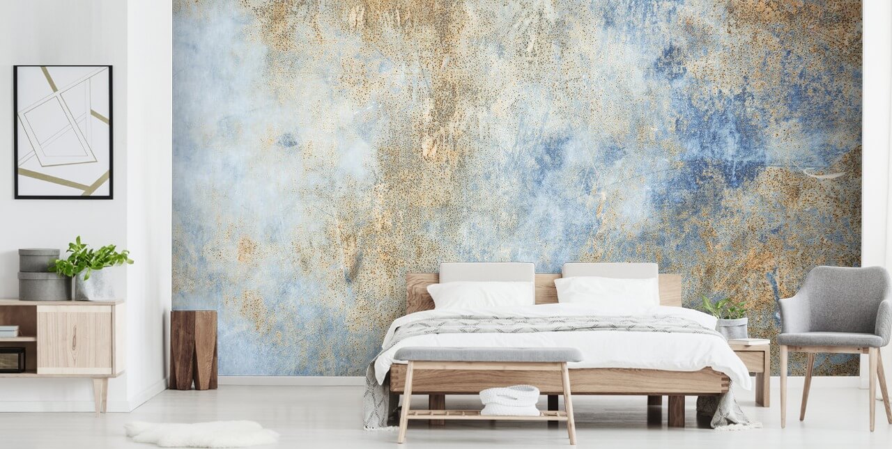 kundenspezifische Industrietapete in Blau und Gold namens Blue Oxidize 