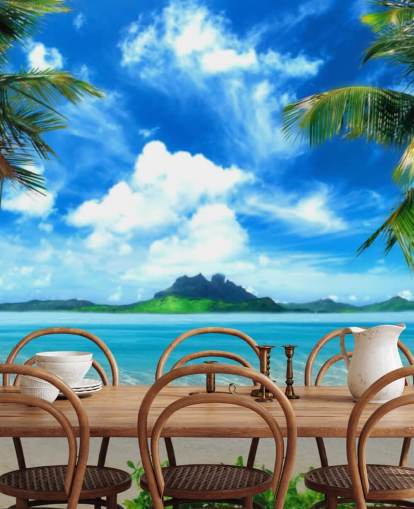 blå og grønn strand tapet veggmaleri kalt Paradise Island for soverom, bad og stuer blå og grønn strand tapet veggmaleri kalt Paradise Island for soverom, bad og stuer