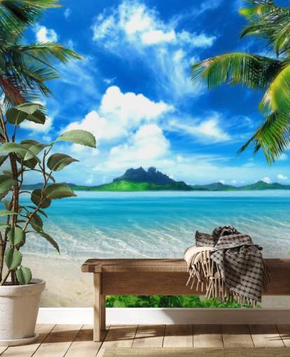 blue and green beach wallpaper mural called Paradise Island for bedrooms, bathrooms and living rooms blue and green beach wallpaper mural called Paradise Island for bedrooms, bathrooms and living rooms