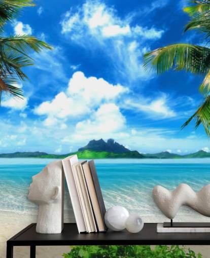 mural de papel de parede de praia azul e verde chamado Paradise Island para quartos, banheiros e salas de estar mural de papel de parede de praia azul e verde chamado Paradise Island para quartos, banheiros e salas de estar
