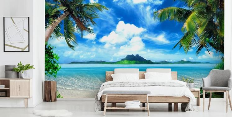 mural de papel pintado de playa azul y verde llamado Paradise Island para dormitorios, baños y salas de estar