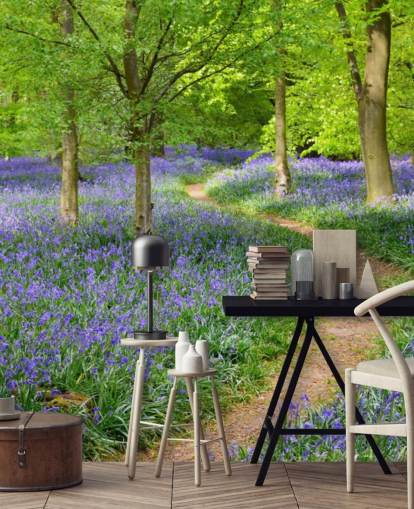 blå och grön skogstapetväggmålning kallad Bluebell Woodland för sovrum eller matsalar blå och grön skogstapetväggmålning kallad Bluebell Woodland för sovrum eller matsalar