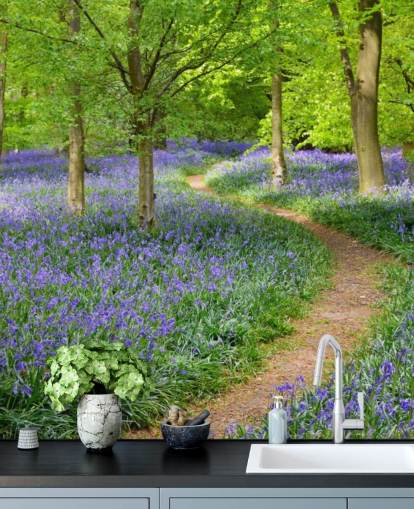 blue and green woodland wallpaper mural called Bluebell Woodland for bedrooms or dining rooms blue and green woodland wallpaper mural called Bluebell Woodland for bedrooms or dining rooms