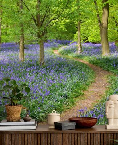 carta da parati murale blu e verde con boschi chiamata Bluebell Woodland per camere da letto o sale da pranzo carta da parati murale blu e verde con boschi chiamata Bluebell Woodland per camere da letto o sale da pranzo