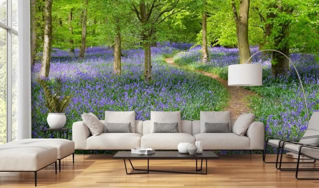 blå och grön skogstapetväggmålning kallad Bluebell Woodland för sovrum eller matsalar