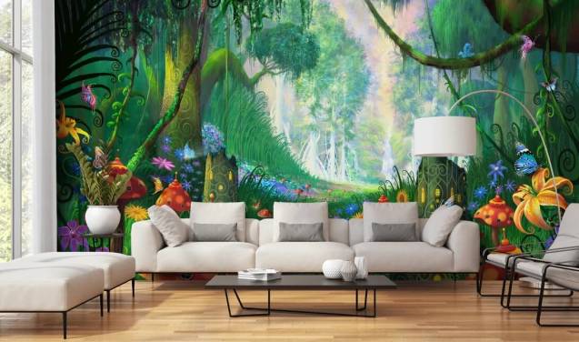 colourful customisable fairy wallpaper mural called Hidden Treasure by Philip Straub for child's bedroom