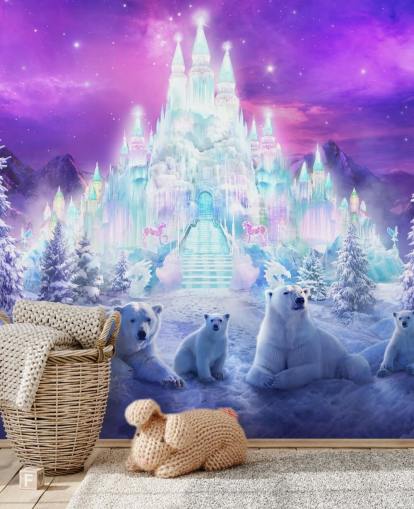 lila och vit anpassad vinterisbjörn tapetväggmålning kallad A Winter Wonderland av Philip Straub för barns sovrum lila och vit anpassad vinterisbjörn tapetväggmålning kallad A Winter Wonderland av Philip Straub för barns sovrum