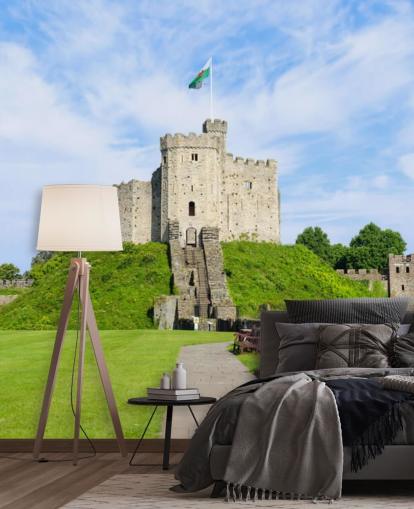 Cardiff Castle on a Mound with Welsh Flag Wallpaper Cardiff Castle on a Mound with Welsh Flag Wallpaper