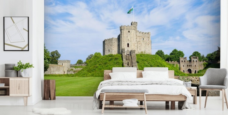 Cardiff Castle on a Mound with Welsh Flag Wallpaper