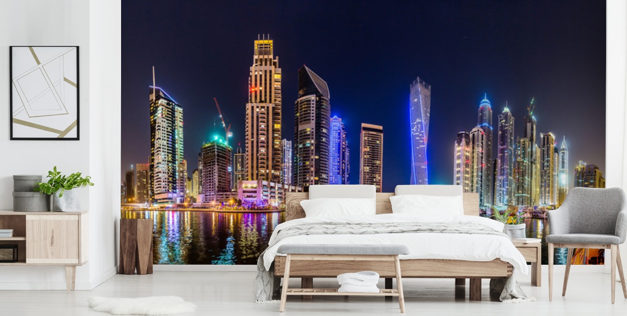 dubai skyscrapers lit up at night wallpaper