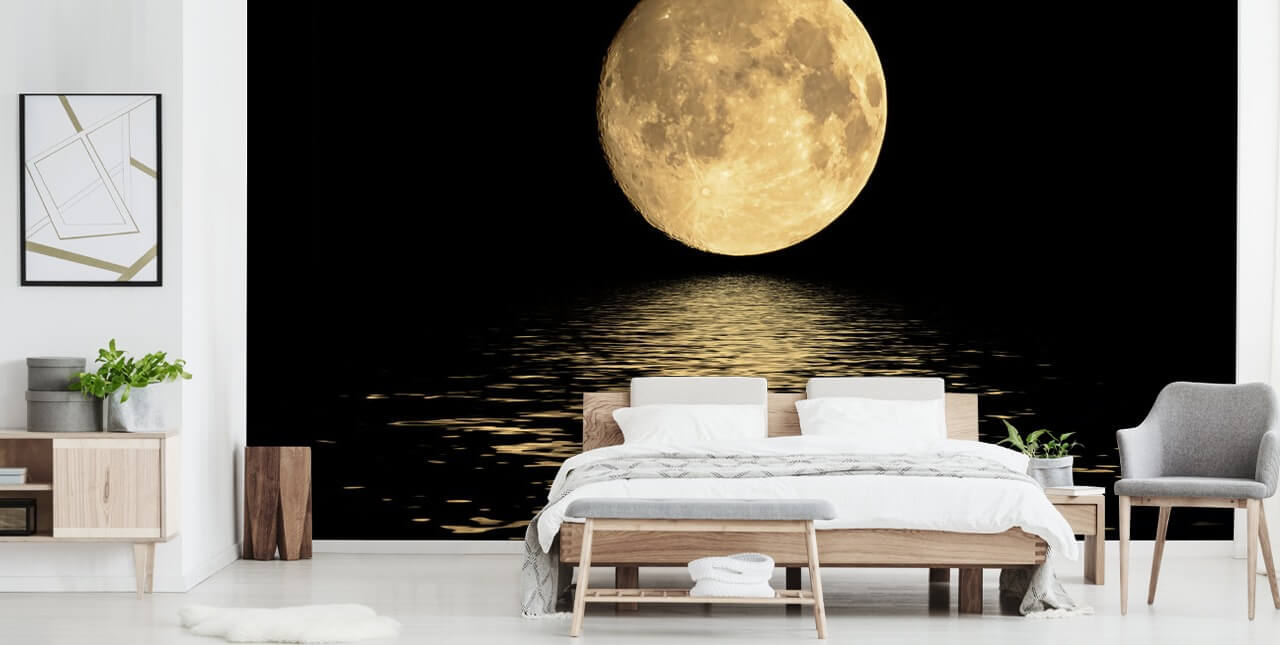 Golden Moon Reflekterer på Ocean Bølger Mural Golden Moon Reflekterer på Ocean Bølger Mural