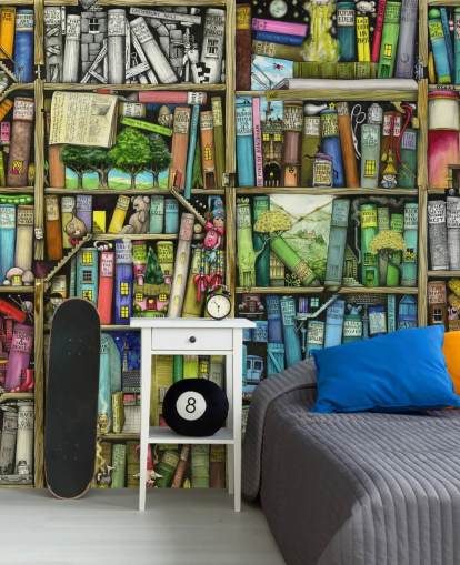 mural colorido de papel de parede de estante infantil personalizado chamado Bookshelf de Colin Thompson para quarto infantil ou sala de jogos mural colorido de papel de parede de estante infantil personalizado chamado Bookshelf de Colin Thompson para quarto infantil ou sala de jogos