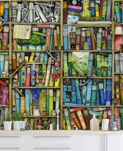 kleurrijke op maat gemaakte boekenplank behangmuurschildering voor kinderen genaamd Bookshelf van Colin Thompson voor kinderkamer of speelkamer kleurrijke op maat gemaakte boekenplank behangmuurschildering voor kinderen genaamd Bookshelf van Colin Thompson voor kinderkamer of speelkamer