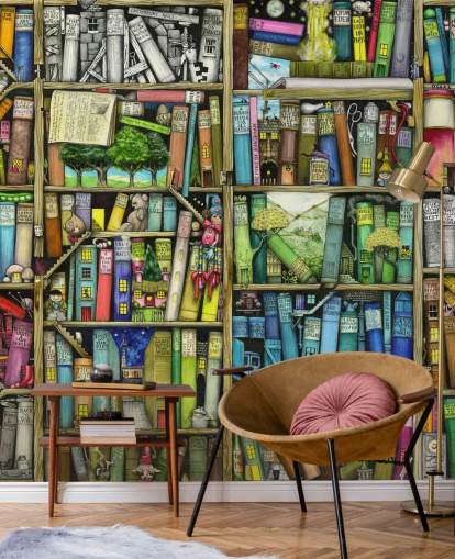 papier peint mural coloré personnalisé pour bibliothèque pour enfants appelé Bookshelf par Colin Thompson pour chambre d'enfant ou salle de jeux papier peint mural coloré personnalisé pour bibliothèque pour enfants appelé Bookshelf par Colin Thompson pour chambre d'enfant ou salle de jeux
