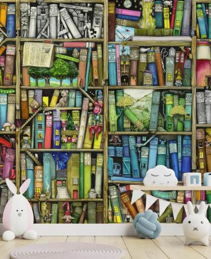 kleurrijke op maat gemaakte boekenplank behangmuurschildering voor kinderen genaamd Bookshelf van Colin Thompson voor kinderkamer of speelkamer kleurrijke op maat gemaakte boekenplank behangmuurschildering voor kinderen genaamd Bookshelf van Colin Thompson voor kinderkamer of speelkamer