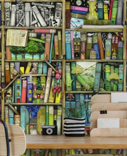 kleurrijke op maat gemaakte boekenplank behangmuurschildering voor kinderen genaamd Bookshelf van Colin Thompson voor kinderkamer of speelkamer kleurrijke op maat gemaakte boekenplank behangmuurschildering voor kinderen genaamd Bookshelf van Colin Thompson voor kinderkamer of speelkamer