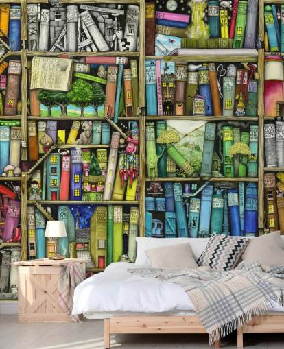 carta da parati murale colorata personalizzata per bambini chiamata Bookshelf di Colin Thompson per la camera da letto o la sala giochi dei bambini carta da parati murale colorata personalizzata per bambini chiamata Bookshelf di Colin Thompson per la camera da letto o la sala giochi dei bambini