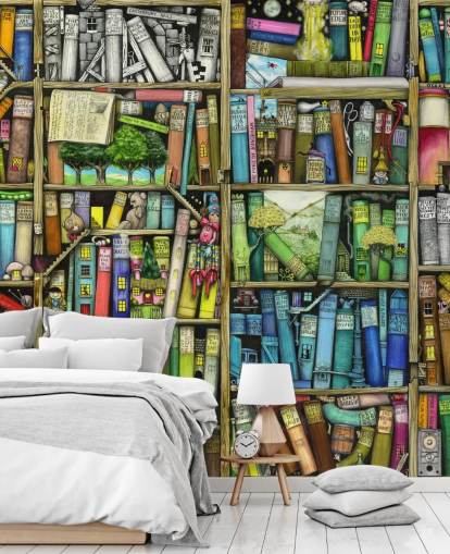 colourful custom kids bookshelf wallpaper mural called Bookshelf by Colin Thompson for child's bedroom or playroom colourful custom kids bookshelf wallpaper mural called Bookshelf by Colin Thompson for child's bedroom or playroom