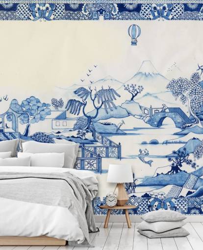 carta da parati con paesaggio orientale blu e bianco carta da parati con paesaggio orientale blu e bianco