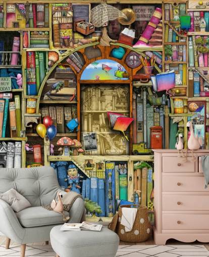 mural colorido de papel de parede de livro desenhado personalizado chamado Neverending Stories, de Colin Thompson, para o quarto ou biblioteca da criança mural colorido de papel de parede de livro desenhado personalizado chamado Neverending Stories, de Colin Thompson, para o quarto ou biblioteca da criança