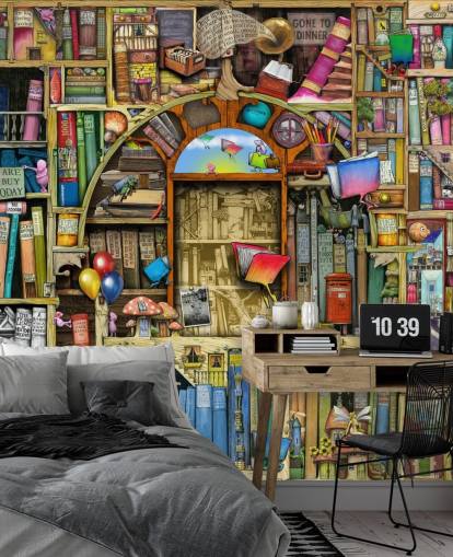 farverigt specialtegnet bogtapet vægmaleri kaldet Neverending Stories af Colin Thompson til barnets soveværelse eller bibliotek farverigt specialtegnet bogtapet vægmaleri kaldet Neverending Stories af Colin Thompson til barnets soveværelse eller bibliotek