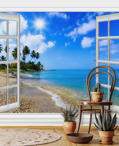 blå och vit anpassningsbar 3d strand tapetväggmålning kallad Paradise Beach Window View för vårdhem blå och vit anpassningsbar 3d strand tapetväggmålning kallad Paradise Beach Window View för vårdhem