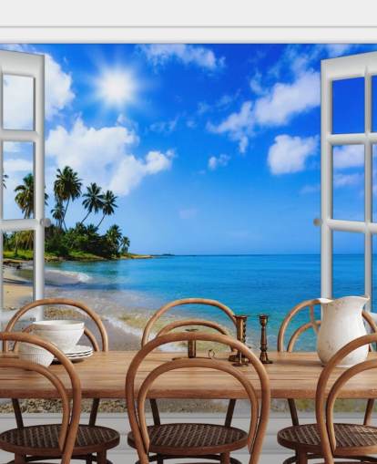 blå og hvid tilpasselig 3d strand tapet vægmaleri kaldet Paradise Beach Window View til plejehjem blå og hvid tilpasselig 3d strand tapet vægmaleri kaldet Paradise Beach Window View til plejehjem