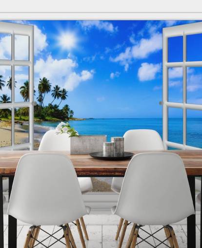 blå og hvit tilpassbar 3d strand tapet veggmaleri kalt Paradise Beach Window View for omsorgsboliger blå og hvit tilpassbar 3d strand tapet veggmaleri kalt Paradise Beach Window View for omsorgsboliger