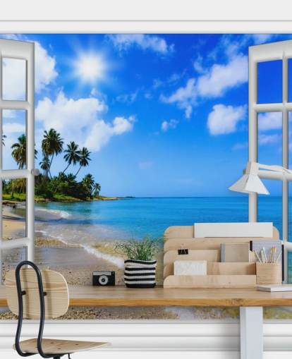 mural de papel de parede de praia 3D personalizável em azul e branco chamado Paradise Beach Window View para casas de repouso mural de papel de parede de praia 3D personalizável em azul e branco chamado Paradise Beach Window View para casas de repouso
