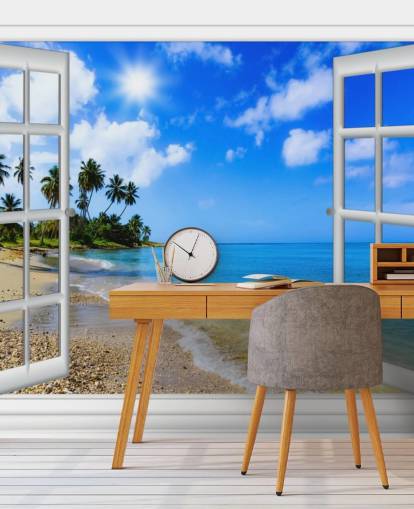 blue and white customisable 3d beach wallpaper mural called Paradise Beach Window View for care homes blue and white customisable 3d beach wallpaper mural called Paradise Beach Window View for care homes