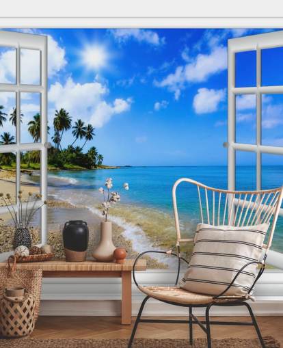 blå og hvit tilpassbar 3d strand tapet veggmaleri kalt Paradise Beach Window View for omsorgsboliger blå og hvit tilpassbar 3d strand tapet veggmaleri kalt Paradise Beach Window View for omsorgsboliger