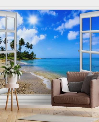 mural de papel de parede de praia 3D personalizável em azul e branco chamado Paradise Beach Window View para casas de repouso mural de papel de parede de praia 3D personalizável em azul e branco chamado Paradise Beach Window View para casas de repouso