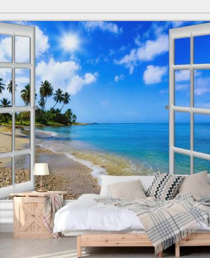 blue and white customisable 3d beach wallpaper mural called Paradise Beach Window View for care homes blue and white customisable 3d beach wallpaper mural called Paradise Beach Window View for care homes