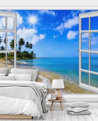 mural de papel pintado de playa en 3D personalizable en blanco y azul llamado Paradise Beach Window View para residencias de ancianos mural de papel pintado de playa en 3D personalizable en blanco y azul llamado Paradise Beach Window View para residencias de ancianos