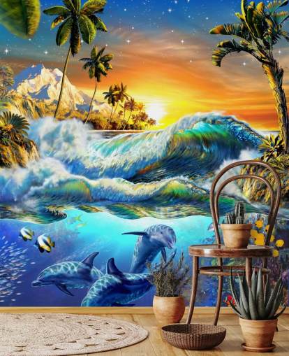 Papel pintado Delfines y peces tropicales Papel pintado Delfines y peces tropicales