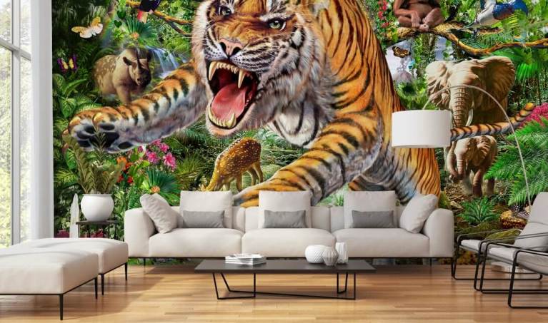 Parede Tigre Selva Floresta Mural 3d Papel De Parede Papéis De