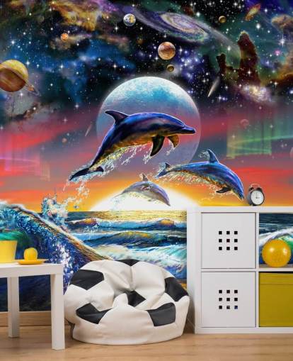 Decorazione murale con delfini nell'universo Decorazione murale con delfini nell'universo