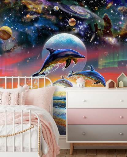 Decorazione murale con delfini nell'universo Decorazione murale con delfini nell'universo