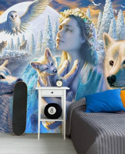 Spirit of Mountain Girl med ulve kunst tapet Spirit of Mountain Girl med ulve kunst tapet