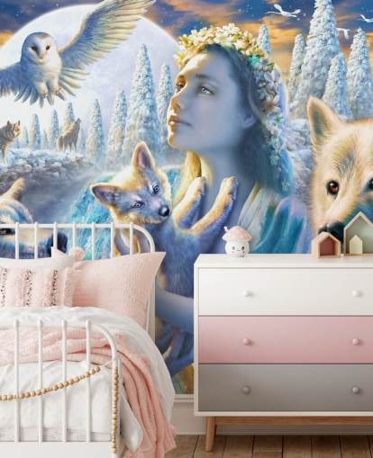 Spirit of Mountain Flicka med vargar konst Bakgrund Spirit of Mountain Flicka med vargar konst Bakgrund