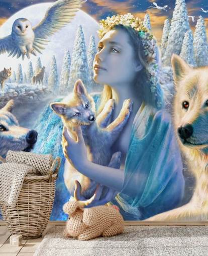 Carta da parati Spirit of Mountain Girl con Lupi Art Carta da parati Spirit of Mountain Girl con Lupi Art