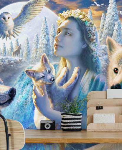 Spirit of Mountain Girl com Lobos Art Wallpaper Spirit of Mountain Girl com Lobos Art Wallpaper